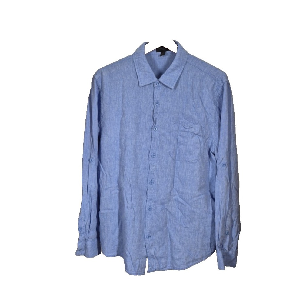 Magaschoni Shirt‎ Mens Large Blue Linen Blend Long Sleeve Button Up
